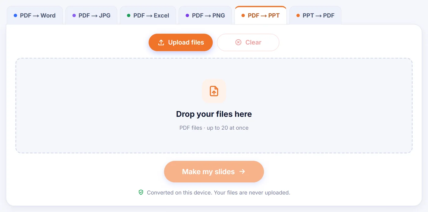 Empty converter on the PDF → PPT tab with Upload files and Clear buttons, a drop zone for up to 20 PDFs and a greyed Make my slides button
