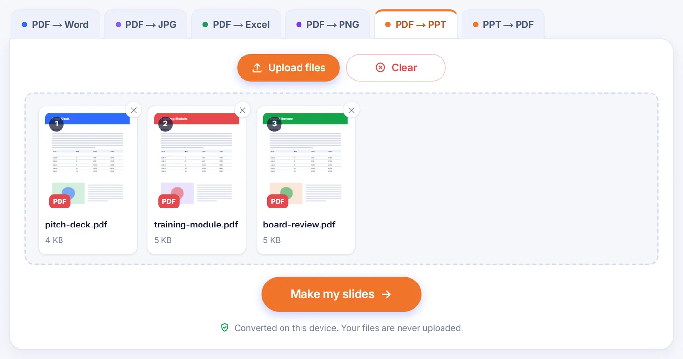 Three PDFs added as numbered cards with page previews: pitch-deck.pdf, training-module.pdf and board-review.pdf, ready for Make my slides