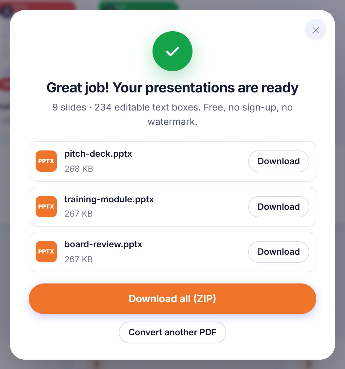 Finished window saying the presentations are ready: 9 slides and 234 editable text boxes, with Download buttons for three .pptx files and a ZIP option